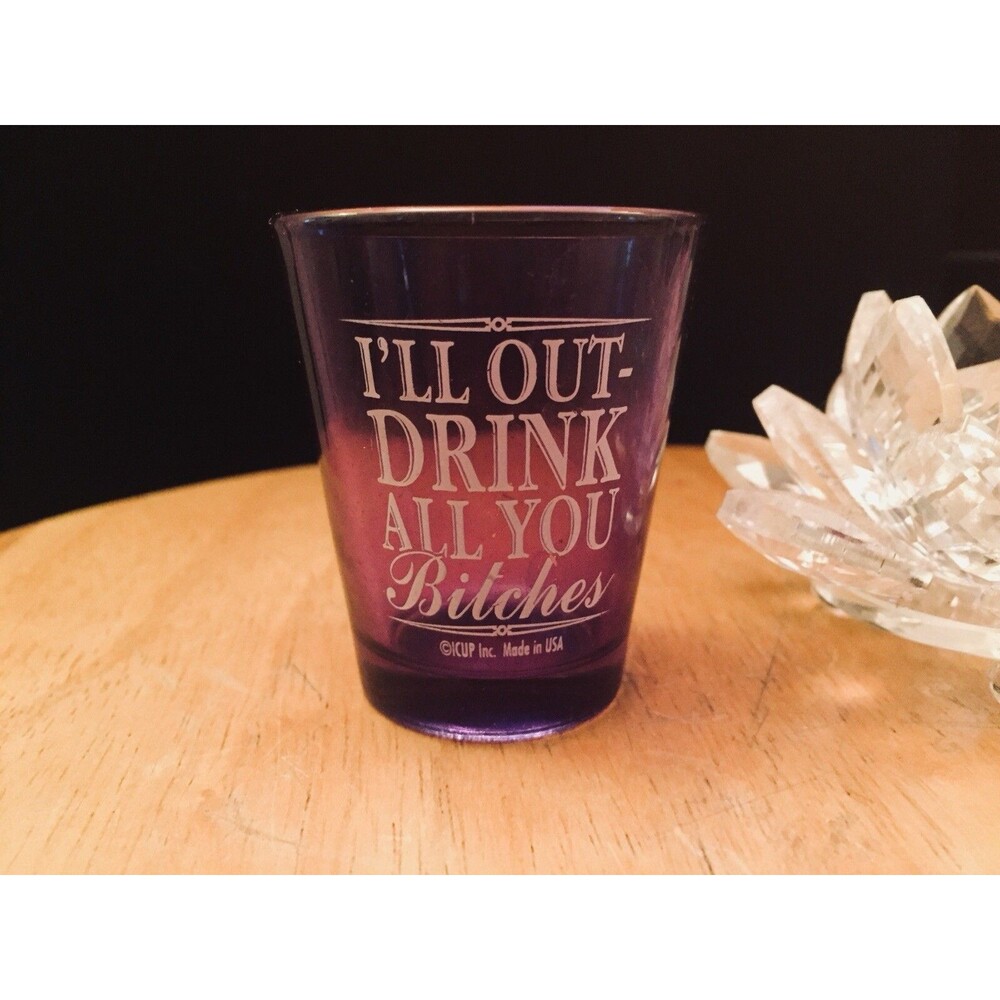 Womens GIFT I'll Out Drink All You Bitches PURPLE Shot Glass RARE Bar Liquor